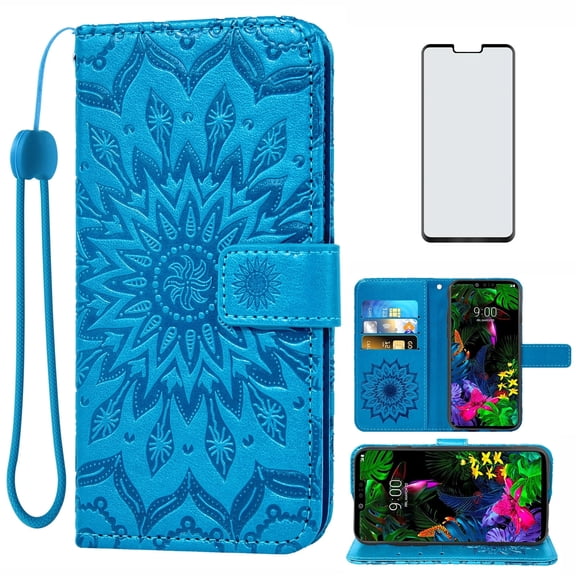Compatible with LG G8 ThinQ Wallet Phone Case and Tempered Glass Screen Protector Flip Credit Card Holder Stand Mandala Flower Cell Cover for LGG8 Thin Q G 8 LG8 G8thinq LGG8thinq 8G Women Men Blue