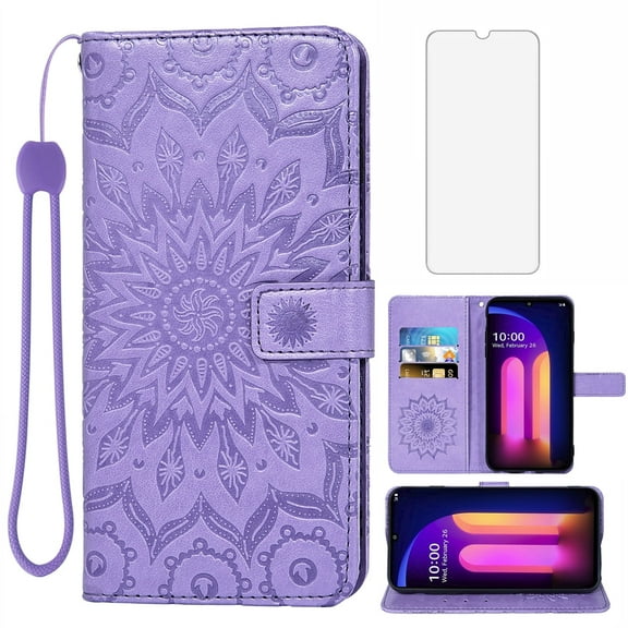 Compatible with LG V60 ThinQ V60ThinQ 5G G9 Thin Q Wallet Phone Case and Tempered Glass Screen Protector Flip Credit Card Holder Stand Mandala Flower Cell Cover for LGV60 V 60 60ThinQ 60V Purple