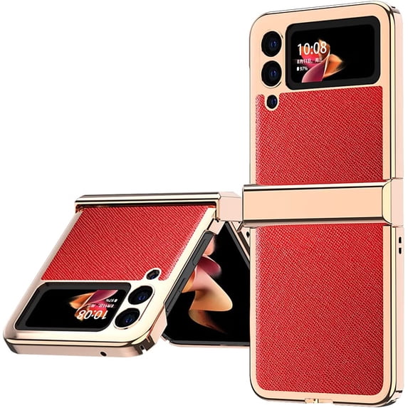 Compatible Leather Case for Samsung Galaxy Z Flip 3 5g Case with Hinge Protection,Plating PC with Leather Cover Phone Case for Galaxy Flip 3 Case,Samsung Z Flip 3 Case Samsung Flip Z 3 Case Red