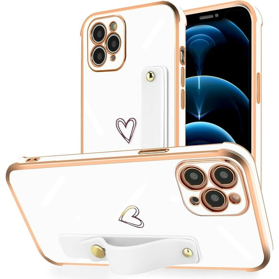 Compatible with Love Heart iPhone 11 Pro Case 5.8” Thin for Women Girls,Soft TPU Plating Bumper Wristband Holder Bling Phone Case Slim Anti-Scratch Shockproof Cute Case Cover(Milky White)
