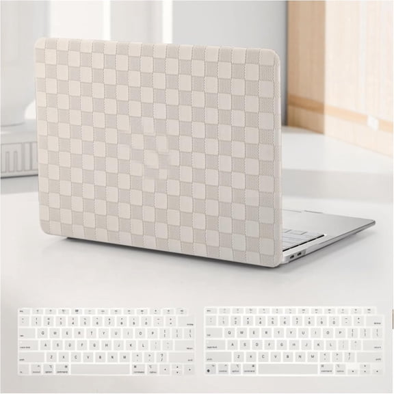 Compatible with MacBook Air 13 Inch 2022 2021-2018 M1 A2337 A2179 A1932, Checkered Textured Cream Leather Hard Shell Case No Logo Cutout & Keyboard Cover for Mac 13, Beige