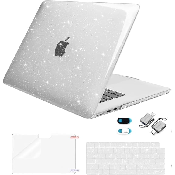 Compatible with MacBook Air 15 inch Case 2025 2024 2023 Release M4 A3241 M3 A3114 M2 A2941, Sparkly Glitter Plastic Hard Shell&Keyboard Cover&Screen Protector&Webcam Cover&Type C, Transparent