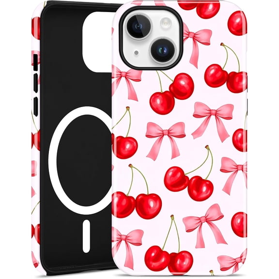 Compatible with MagSafe Cherry Bow Case for iPhone 16 Plus, Cute Magnetic Aesthetic Design Soft TPU and Hard PC Shockproof Protective Phone Cover for Women Girls-Pink