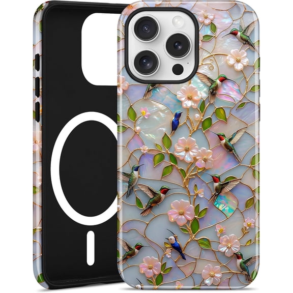 Compatible with MagSafe Flower Phone Case for iPhone 11 Pro Max, Cute Magnetic Stained Glass Bird Aesthetic TPU and PC Protective Phone Cover for Women Men Girls Boys-Blue Green