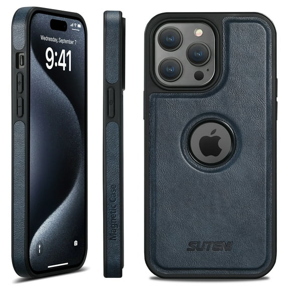 Compatible with MagSafe for iPhone 12 Pro Max Case, Leather Logo View Protective Shockproof Luxury Business Anti-Scratch Magnetic Phone Case Women Men Cover,Blue