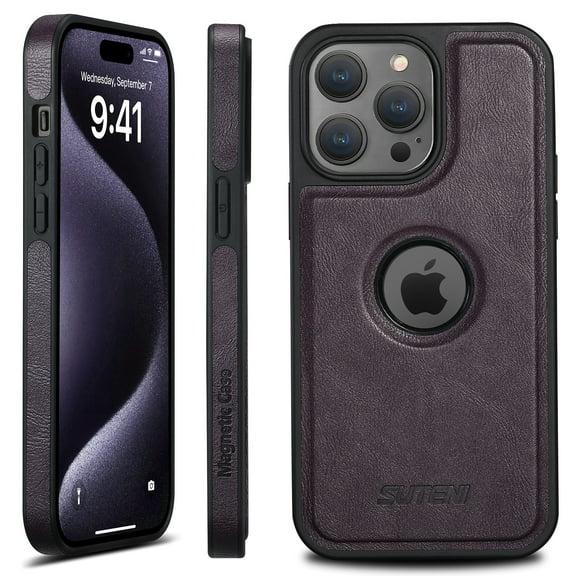Compatible with MagSafe for iPhone 14 Pro Case, Leather Logo View Protective Shockproof Luxury Business Anti-Scratch Magnetic Phone Case Women Men Cover,Purple