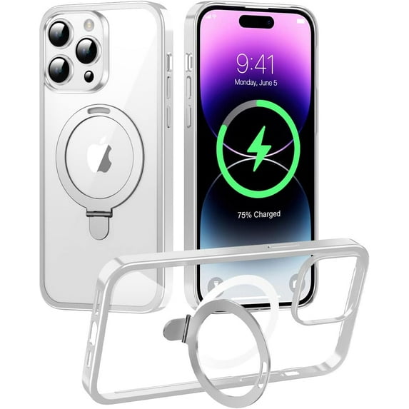 Compatible with MagSafe iPhone 14 Pro Case, Luxury Plating Shockproof Edge Cover with Embedded Holder & Wirless Charging Hard PC Slim Clear Case for iPhone 14 Pro 5G 6.1inch (Silver)