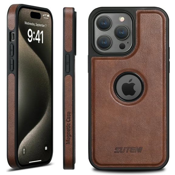 Compatible with MagSafe for iPhone 15 Plus Case, Leather Logo View Protective Shockproof Luxury Business Anti-Scratch Magnetic Phone Case Women Men Cover,Brown