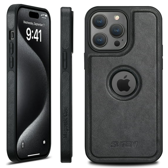 Compatible with MagSafe for iPhone 15 Pro Case, Leather Logo View Protective Shockproof Luxury Business Anti-Scratch Magnetic Phone Case Women Men Cover,Black