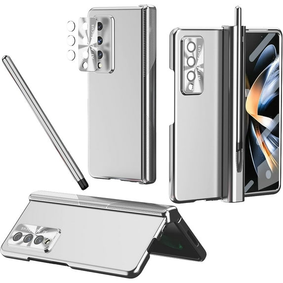Compatible Magnetic Hinged Case for Samsung Z Fold 4 Case with S Pen & S Pen Holder,4 in 1 Hinge Protective Screen Protector Case for Galaxy Z Fold 4 Case,Galaxy Z Fold 4 5g Case Pen Slot Silver