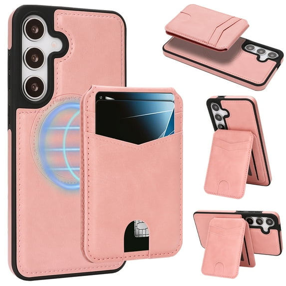 Compatible with Magsafe 2 in 1 Detachable for Samsung Galaxy S24 Plus Wallet Case with Card Holder Women Men, Magnetic PU Leather RFID Blocking Flip Kickstand Credit Slots,for S24 Plus, Pink