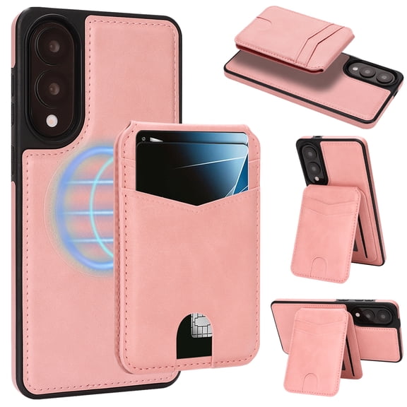 Compatible with Magsafe 2 in 1 Detachable for Samsung Galaxy S25 Edge Wallet Case with Card Holder Women Men, Magnetic PU Leather RFID Blocking Flip Kickstand Credit Slots,for S25 Edge, Pink
