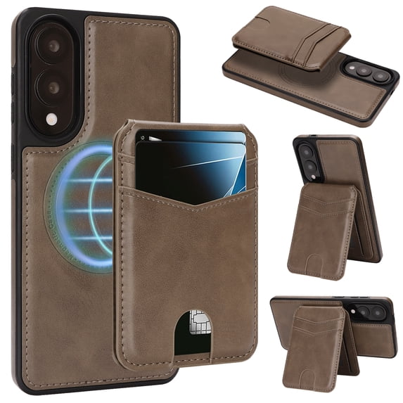 Compatible with Magsafe 2 in 1 Detachable for Samsung Galaxy S25 Edge Wallet Case with Card Holder Women Men, Magnetic PU Leather RFID Blocking Flip Kickstand Credit Slots,for S25 Edge, Coffee