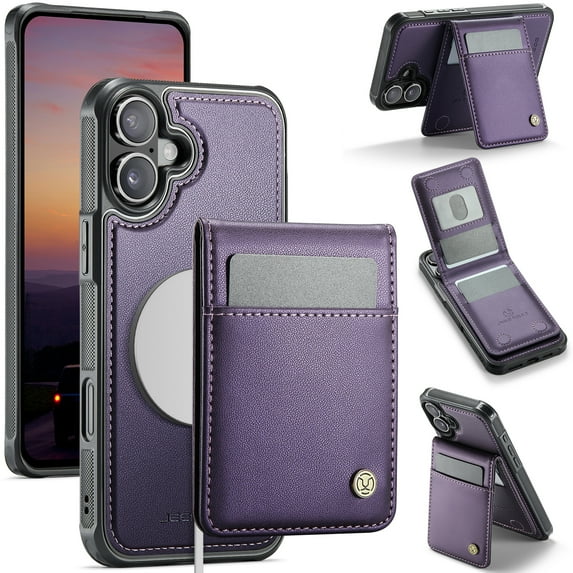 Compatible Magsafe 2 in 1 Detachable iPhone 16 Wallet Case with Card Holder Women Men,Magnetic PU Leather RFID Blocking Flip Kickstand Credit Slots Luxury Leather Case for iPhone 16, Purple