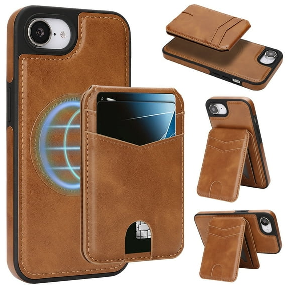 Compatible with Magsafe 2 in 1 Detachable for iPhone 16e Wallet Case with Card Holder Women Men, Magnetic PU Leather RFID Blocking Flip Kickstand Credit Slots,for iPhone 16e, Darkbrown