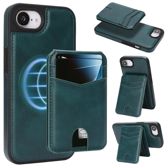 Compatible with Magsafe 2 in 1 Detachable for iPhone 16e Wallet Case with Card Holder Women Men, Magnetic PU Leather RFID Blocking Flip Kickstand Credit Slots,for iPhone 16e, Green