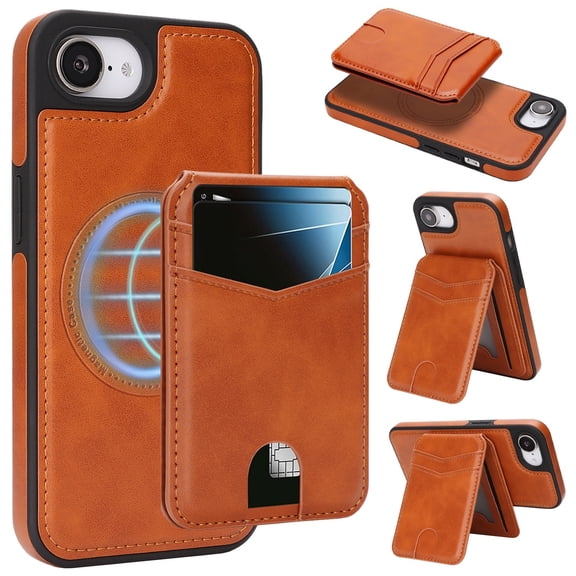 Compatible with Magsafe 2 in 1 Detachable for iPhone 16e Wallet Case with Card Holder Women Men, Magnetic PU Leather RFID Blocking Flip Kickstand Credit Slots,for iPhone 16e, Lightbrown