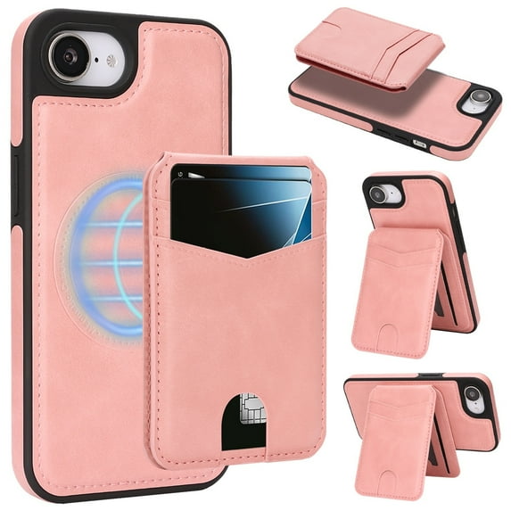 Compatible with Magsafe 2 in 1 Detachable for iPhone 16e Wallet Case with Card Holder Women Men, Magnetic PU Leather RFID Blocking Flip Kickstand Credit Slots,for iPhone 16e, Pink