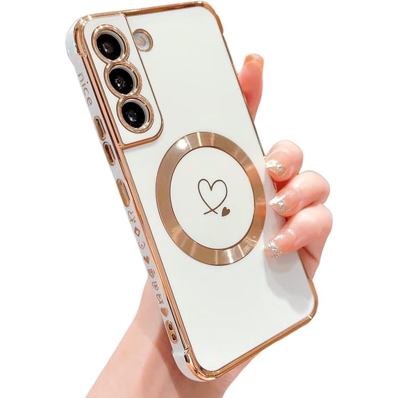 Compatible with Magsafe Case for Samsung Galaxy S21,Heart Pattern Electroplated Design Soft TPU Shockproof Protective Full Camera Lens Protection Magnetic Case for Samsung Galaxy S21-White