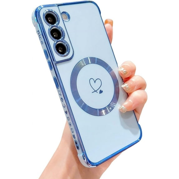 Compatible with Magsafe Case for Samsung Galaxy S21,Heart Pattern Electroplated Design Soft TPU Shockproof Protective Full Camera Lens Protection Magnetic Case for Samsung Galaxy S21-Blue