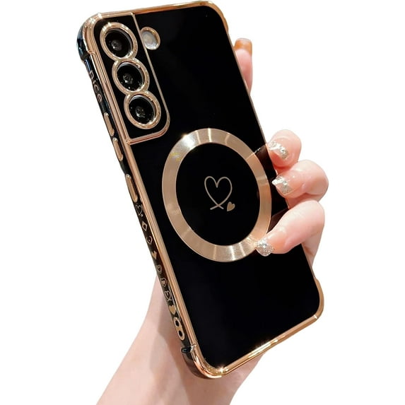 Compatible with Magsafe Case for Samsung Galaxy S21,Heart Pattern Electroplated Design Soft TPU Shockproof Protective Full Camera Lens Protection Magnetic Case for Samsung Galaxy S21-Black