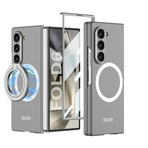 Compatible with Magsafe Case for Samsung Galaxy Z Fold 6 Case with Screen Protector, Detachable Ring Magnetic All-Inclusive Shockproof Slim Matte Case for Samsung Galaxy Z Fold 6 5G, Gray