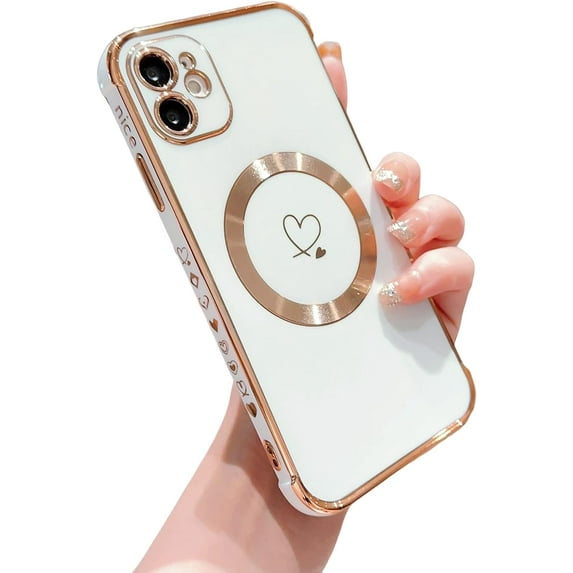 Compatible with Magsafe Case for iPhone 11,Love Heart Pattern Electroplated Design Soft TPU Shockproof Protective Full Camera Lens Protection Magnetic Case for iPhone 11-White