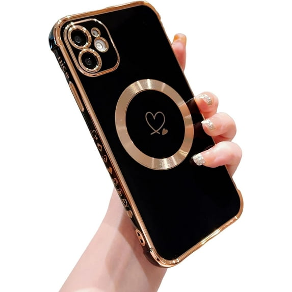 Compatible with Magsafe Case for iPhone 12,Love Heart Pattern Electroplated Design Soft TPU Shockproof Protective Full Camera Lens Protection Magnetic Case for iPhone 12-Black