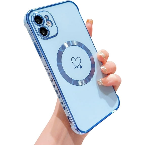Compatible with Magsafe Case for iPhone 12,Love Heart Pattern Electroplated Design Soft TPU Shockproof Protective Full Camera Lens Protection Magnetic Case for iPhone 12-Blue