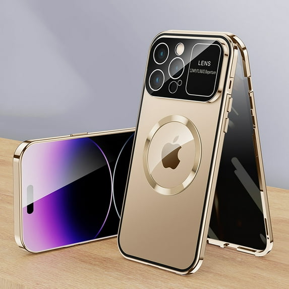 Compatible with Magsafe Case for iPhone 13 Pro Max, Anti Peeping Front Privacy Glass Cover 360 Degree Double-Sided Protection Magnetic Adsorption Metal Bumper for iPhone 13 Pro Max, Gold