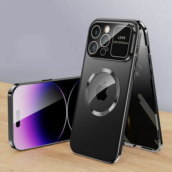 Compatible with Magsafe Case for iPhone 15 Pro Max, Anti Peeping Front Privacy Glass Cover 360 Degree Double-Sided Protection Magnetic Adsorption Metal Bumper for iPhone 15 Pro Max, Black