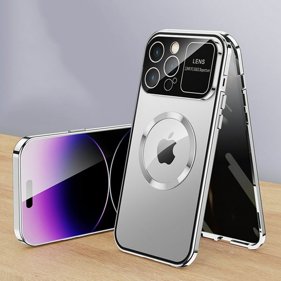Compatible with Magsafe Case for iPhone 16 Pro, Anti Peeping Front Privacy Glass Cover 360 Degree Double-Sided Protection Magnetic Adsorption Metal Bumper for iPhone 16 Pro, Silver