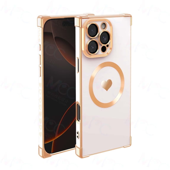 Compatible with Magsafe Charger Case for iPhone 13 Pro Max, Heart Pattern Electroplated Design Soft TPU Shockproof Protective Magnetic Phone Case Cover with Camera Lens Protector - White