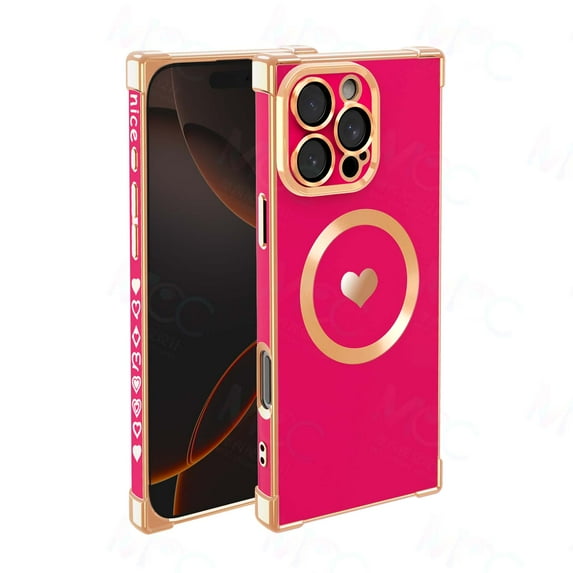 Compatible with Magsafe Charger Case for iPhone 15 Pro Max, Heart Pattern Electroplated Design Soft TPU Shockproof Protective Magnetic Phone Case Cover with Camera Lens Protector - Rose