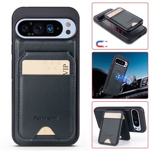 Compatible with Magsafe for Google Pixel 7 Pro Wallet Case Magnetic Card Holder, RFID Blocking 2 in 1 Detachable Kickstand Premium PU Leather Shockproof Back Phone Case for Women Men,Black