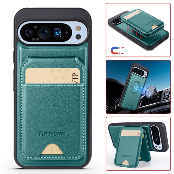 Compatible with Magsafe for Google Pixel 7 Pro Wallet Case Magnetic Card Holder, RFID Blocking 2 in 1 Detachable Kickstand Premium PU Leather Shockproof Back Phone Case for Women Men,Green
