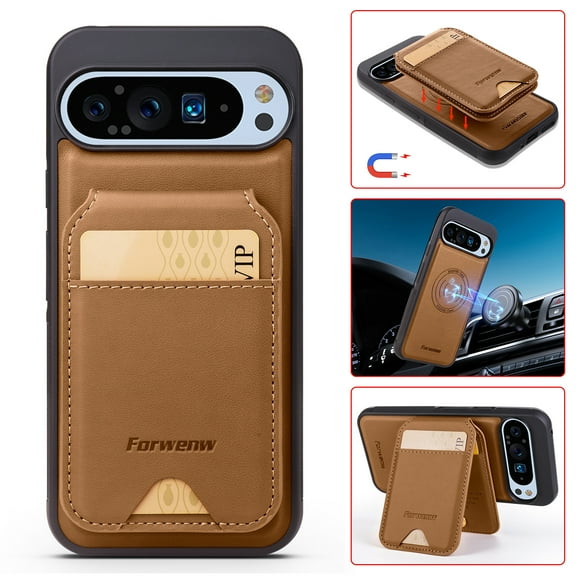 Compatible with Magsafe for Google Pixel 8 Pro Wallet Case Magnetic Card Holder, RFID Blocking 2 in 1 Detachable Kickstand Premium PU Leather Shockproof Back Phone Case for Women Men,Brown