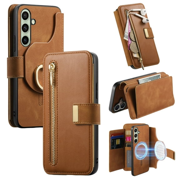 Compatible with Magsafe, Magnetic 2 in 1 Detachable Wallet Case for Samsung Galaxy S24 FE, with Credit Card Slots Men Women, PU Leather RFID Blocking Flip Kickstand with Finger Ring, Brown