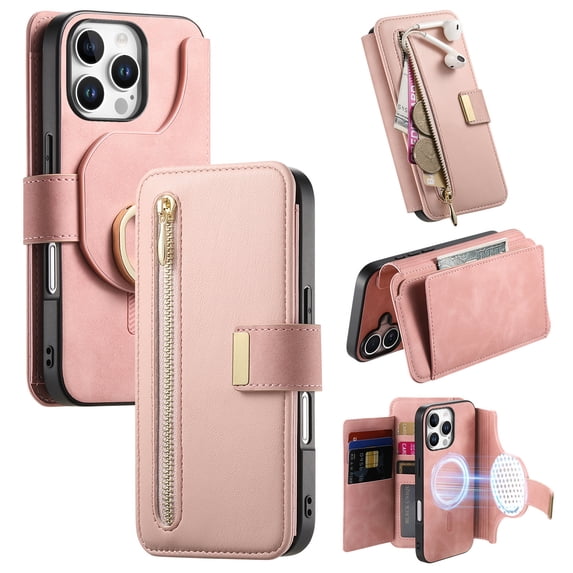 Compatible with Magsafe, Magnetic 2 in 1 Detachable Wallet Case for iPhone 12 Pro Max, with Credit Card Slots Men Women, PU Leather RFID Blocking Flip Kickstand with Finger Ring, Pink