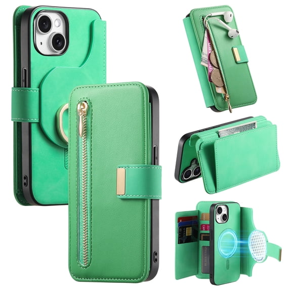 Compatible with Magsafe, Magnetic 2 in 1 Detachable Wallet Case for iPhone 14 Plus, with Credit Card Slots Men Women, PU Leather RFID Blocking Flip Kickstand with Finger Ring, Green