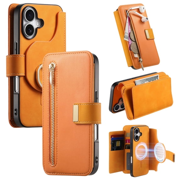 Compatible with Magsafe, Magnetic 2 in 1 Detachable Wallet Case for iPhone 16, with Credit Card Slots Men Women, PU Leather RFID Blocking Flip Kickstand with Finger Ring, Yellow