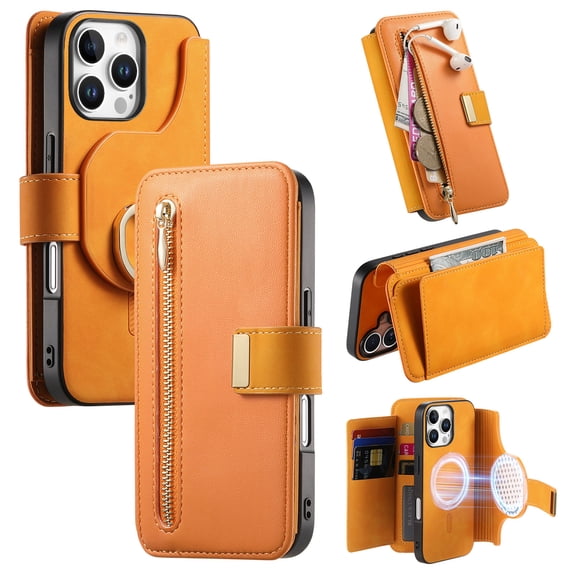 Compatible with Magsafe, Magnetic 2 in 1 Detachable Wallet Case for iPhone 16 Pro, with Credit Card Slots Men Women, PU Leather RFID Blocking Flip Kickstand with Finger Ring, Yellow