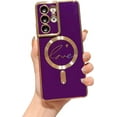 thumbnail image 1 of Compatible with Magsafe Phone Case for Samsung Galaxy S21 Ultra Cute Love Heart Case Luxury Plating Cover for Women Shockproof Soft Silicone Bumper for Galaxy S21 Ultra 6.8 inch (Purple), 1 of 9