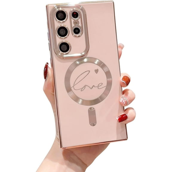 Compatible with Magsafe Phone Case for Samsung Galaxy S23 Ultra Cute Love Heart Case Luxury Plating Cover for Women Shockproof Soft Silicone Bumper for Galaxy S23 Ultra 6.8 inch (Pink)