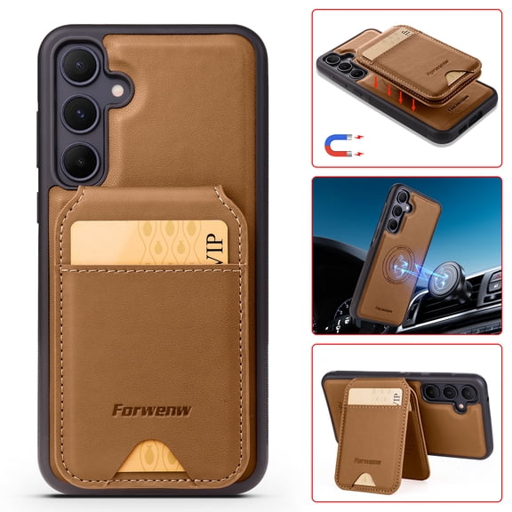 Compatible with Magsafe for Samsung Galaxy S22 Wallet Case Magnetic Card Holder, RFID Blocking 2 in 1 Detachable Kickstand Premium PU Leather Shockproof Back Phone Case for Women Men,Brown