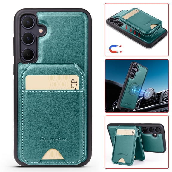 Compatible with Magsafe for Samsung Galaxy S23 Wallet Case Magnetic Card Holder, RFID Blocking 2 in 1 Detachable Kickstand Premium PU Leather Shockproof Back Phone Case for Women Men,Green