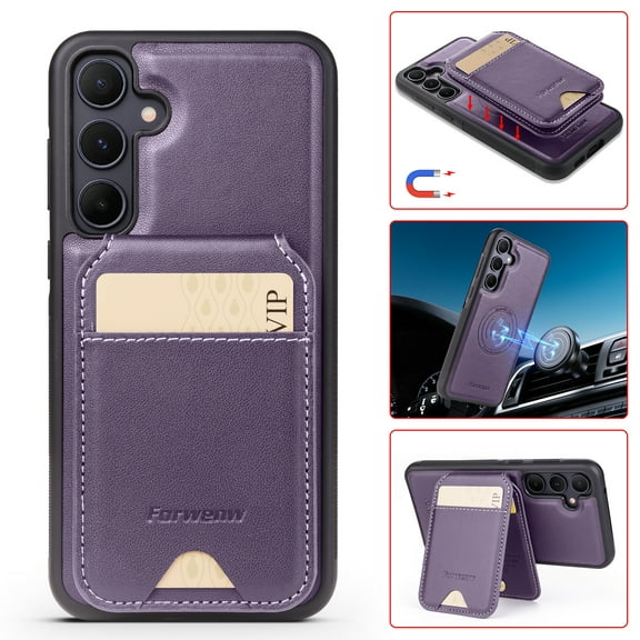 Compatible with Magsafe for Samsung Galaxy S25 Wallet Case Magnetic Card Holder, RFID Blocking 2 in 1 Detachable Kickstand Premium PU Leather Shockproof Back Phone Case for Women Men,Purple