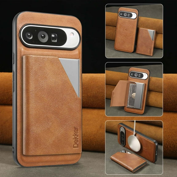 Compatible with Magsafe Wireless Charing for Google Pixel 9 Pro XL Wallet Case, RFID Blocking Card Holder Magnetic 2 in 1 Detachable Wallet Kickstand Leather Case For Google Pixel 9 Pro XL,Brown