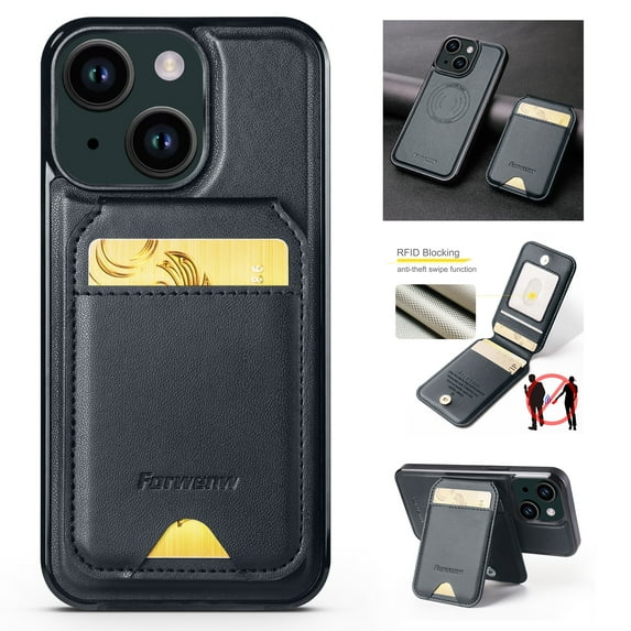 Compatible with Magsafe for iPhone 13 Wallet Case Magnetic Card Holder, RFID Blocking 2 in 1 Detachable Kickstand Premium PU Leather Shockproof Back Phone Case for Women Men,Black