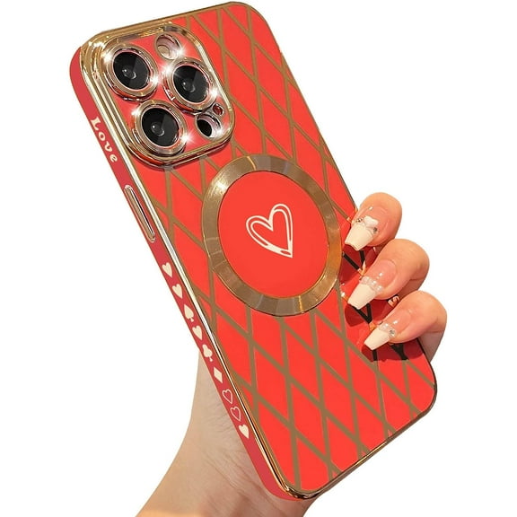 Compatible with Magsafe iPhone 14 Pro Max Phone Case for Women Cute, Luxury Rhombus Love Heart Soft Case,Lens Raised Edge Protection Magnetic case for iPhone 14 Pro max（6.7"）-Red